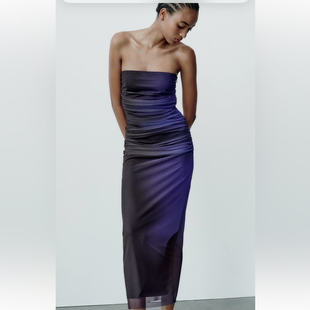 ZARA STRAPLESS PRINTED TULLE DRESS